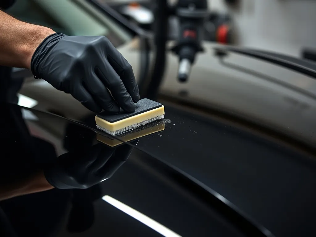 Close up of a professional detailer applying ceramic coating