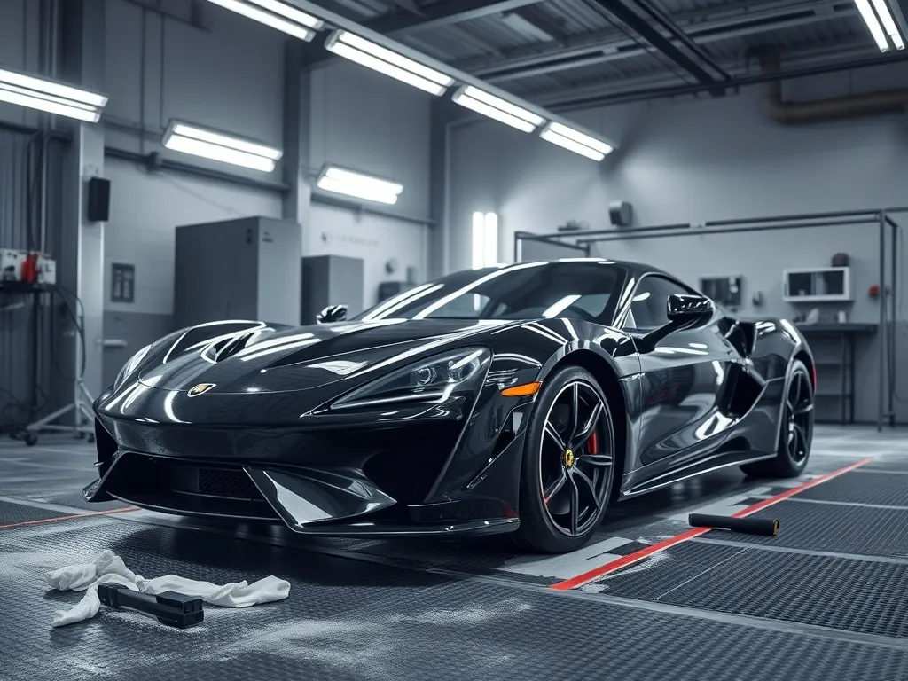 A high-end car detailing workshop with professional LED ligh