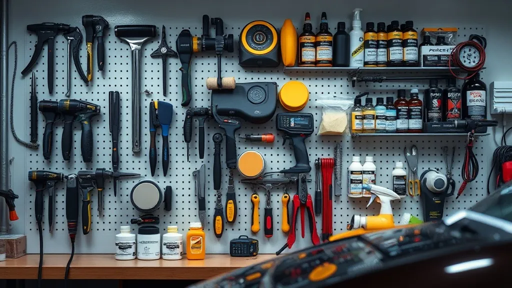Professional detailing tools organized on a wall, high-end p
