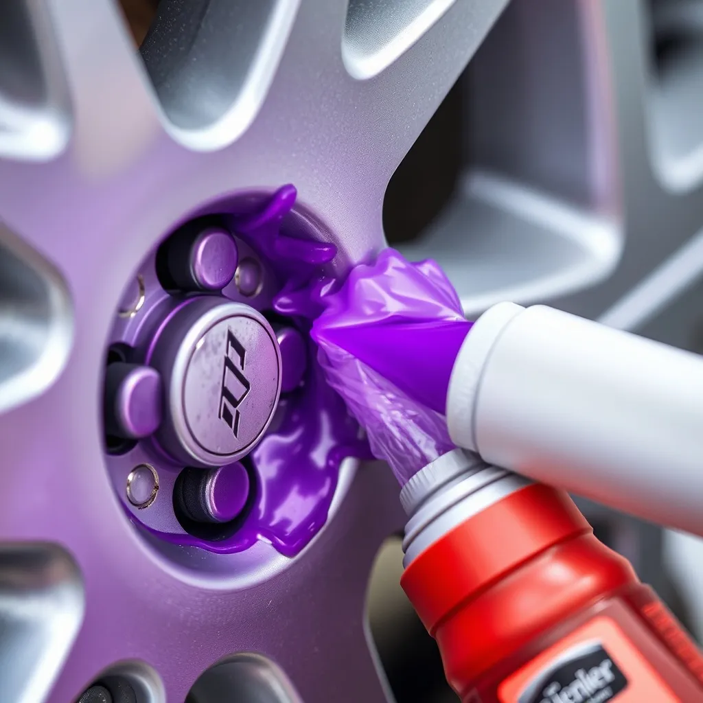 Purple chemical reaction of an iron remover on a silver car