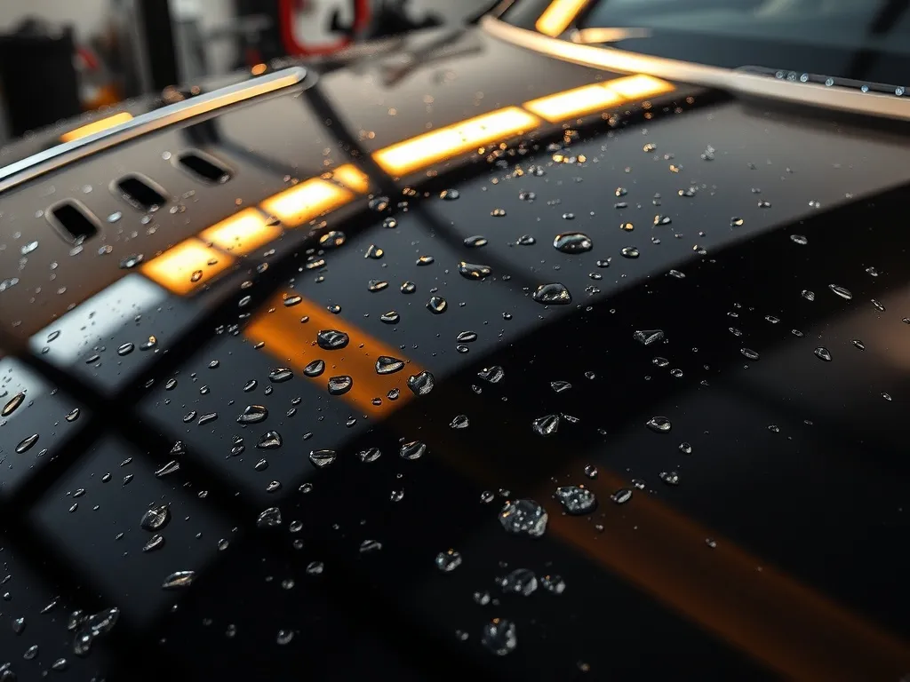 Close-up of a high-end black car hood with water beads refle
