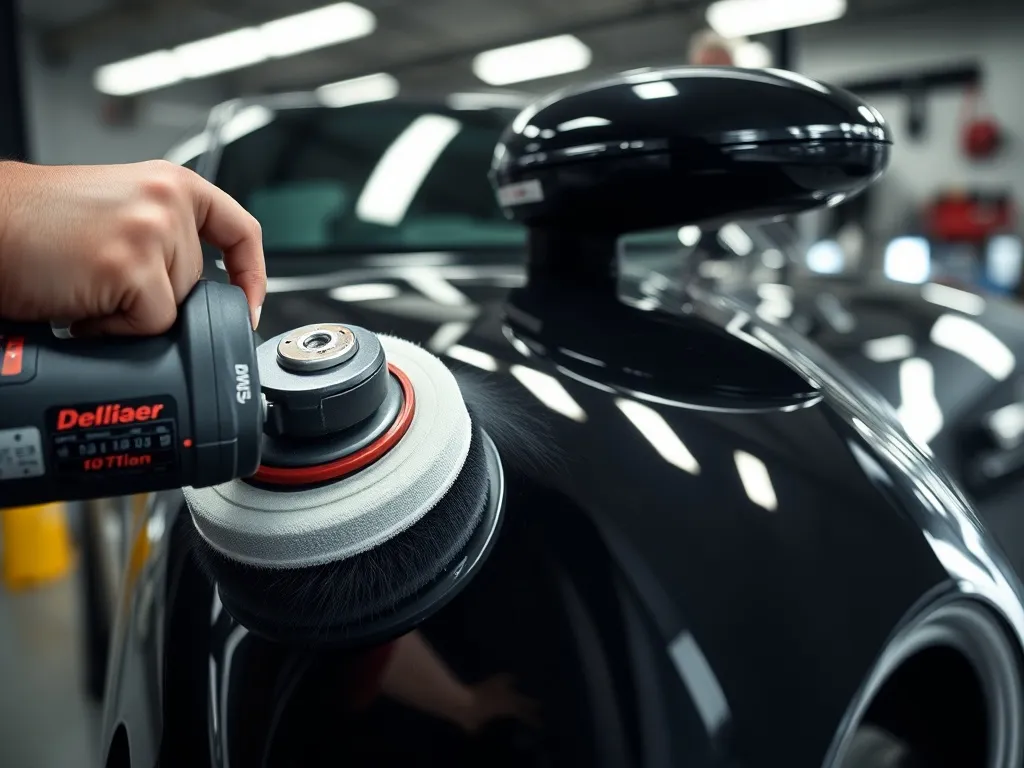 Close-up of a high-end car being polished with a professiona