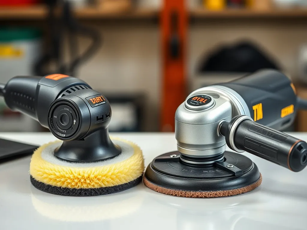 Close up of two different professional car polishers, a rota