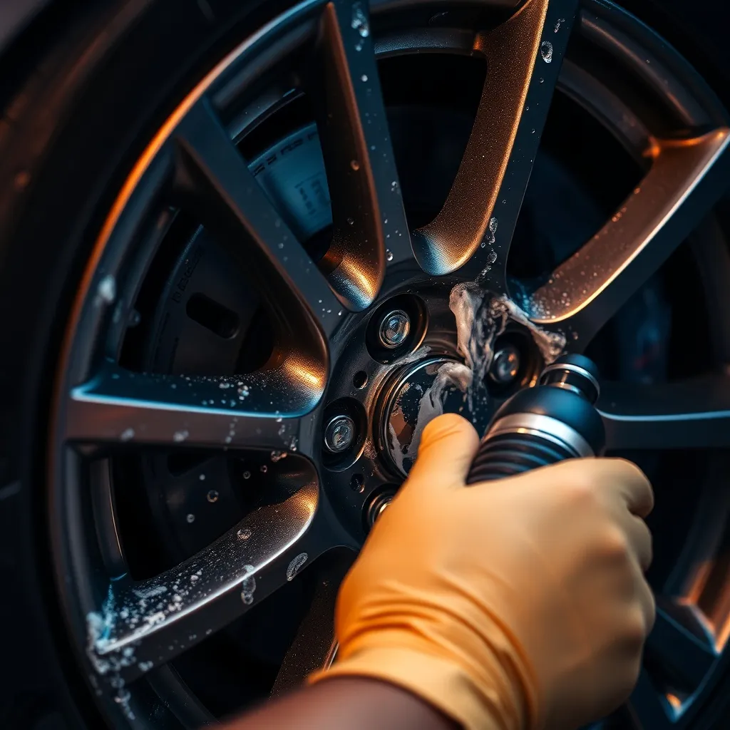 Close up of a high-end car alloy wheel being cleaned with pr